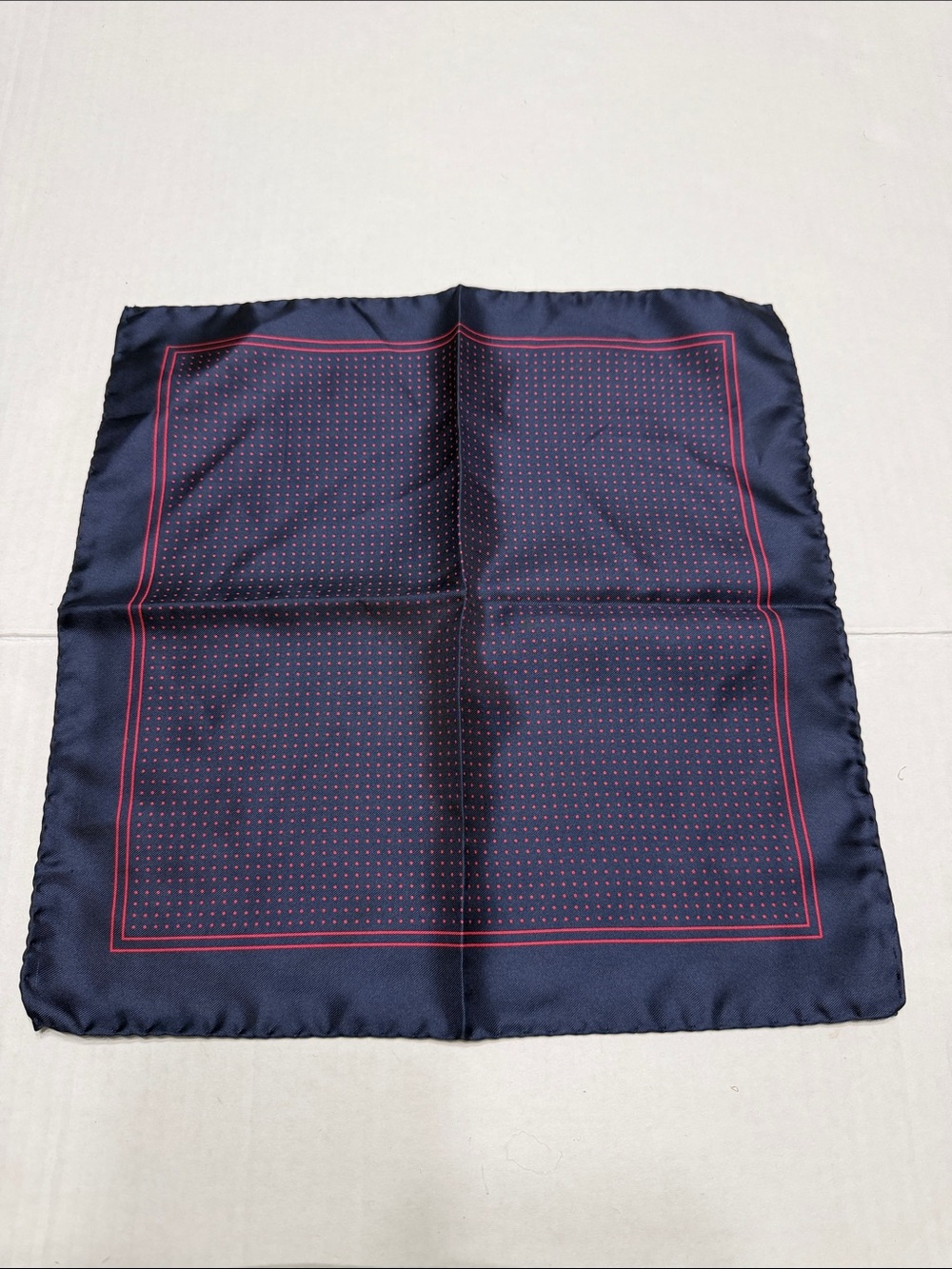 Men's 100% Silk Navy Pocket Square with Red Dot Border Made in Italy